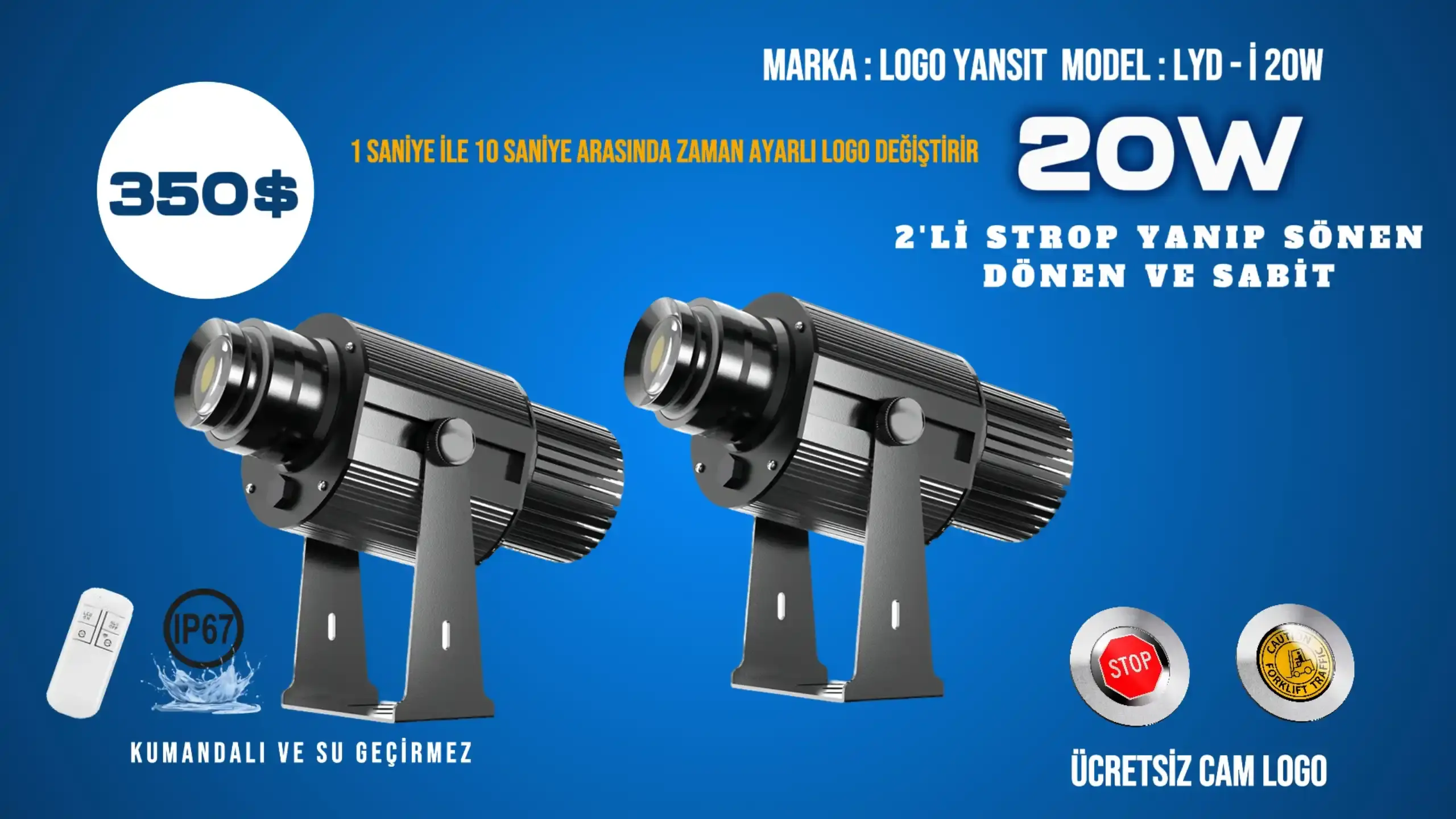 2'li Strop Yanıp Sönen LYD-i20W Logo Projektör | Dikkat Çekici Işıkla Logo Yansıtma